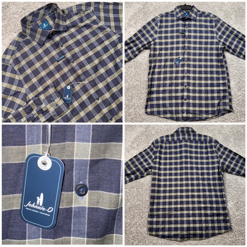 Johnnie-O Daylynn Button Down Mens Stretch Plaid Valley Blue Olive Large NEW